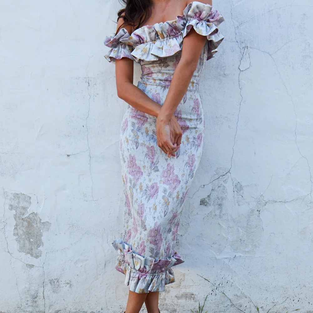 V. Chapman off the shoulder lilac dress